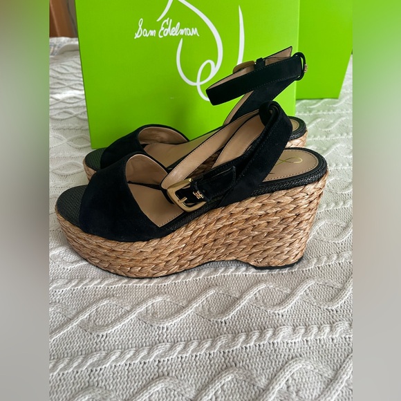 New! Sam Edelman Black Suede Wedge Platform Sandals Women’s Size 10 - Picture 11 of 15